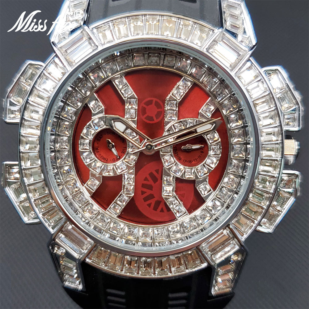 Men's Quartz Watches With Baguette Red Face Black Silcone Strap Dual Dial Watch For Man Unique Special Cool Iced Clock - Bekro's ART