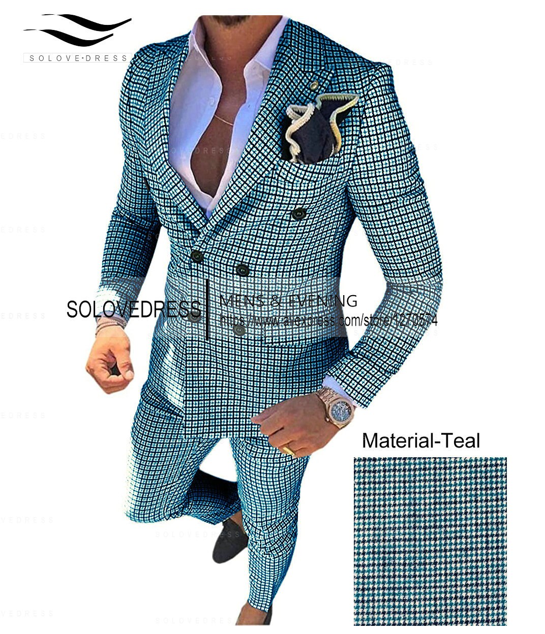 Silver Men's Wool Plaid Suits 2 pieces Fashion Notch Lapel Double breasted Prom Jacket Slim Fit Groomsmen Tuxedos (Blazer+Pants) - Bekro's ART