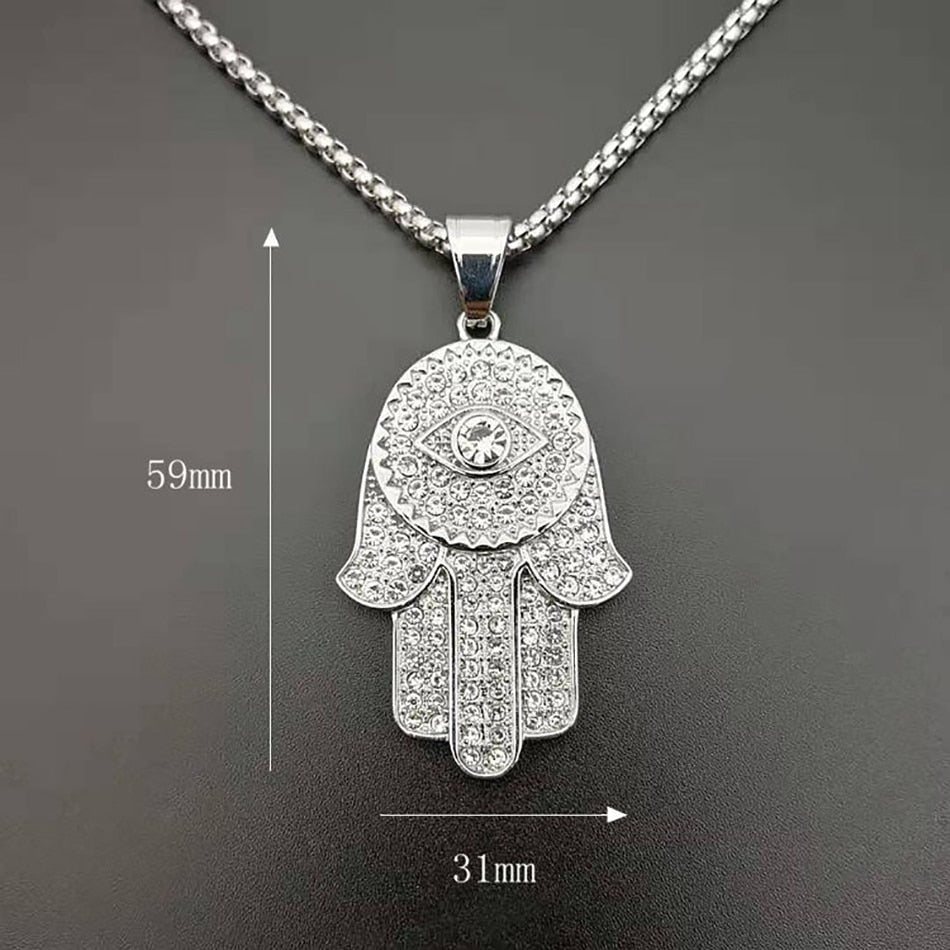 Turkish Evil Eye Hamsa Hand of Fatima Pendant Necklace Gold  Iced Out Pendant &amp; Chain Hip Hop Women/Men Jewelry - Bekro's ART