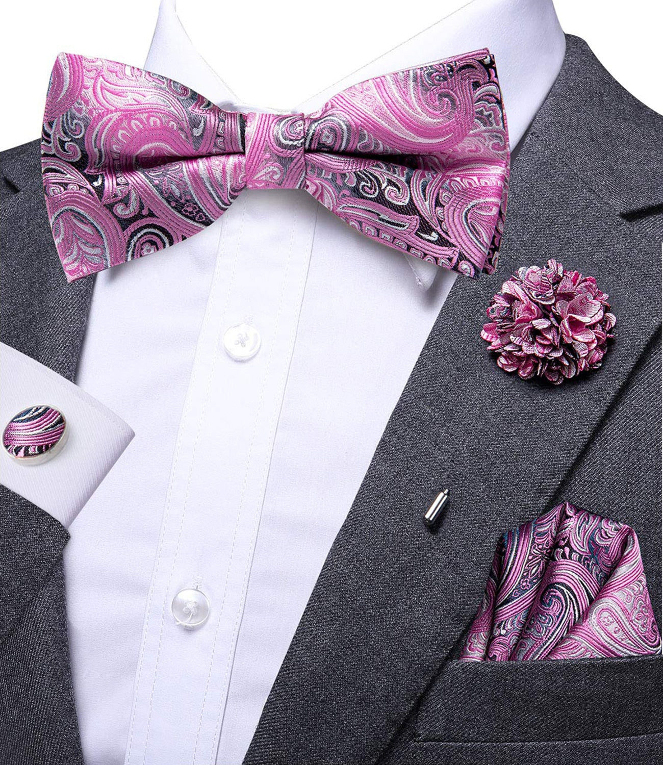 Hi-Tie Brand Silk Mens Bowtie Hankerchief Cufflinks Brooch Set Jacquard Butterfly Knot Bow Tie for Men Groomsman Wedding Gift - Bekro's ART