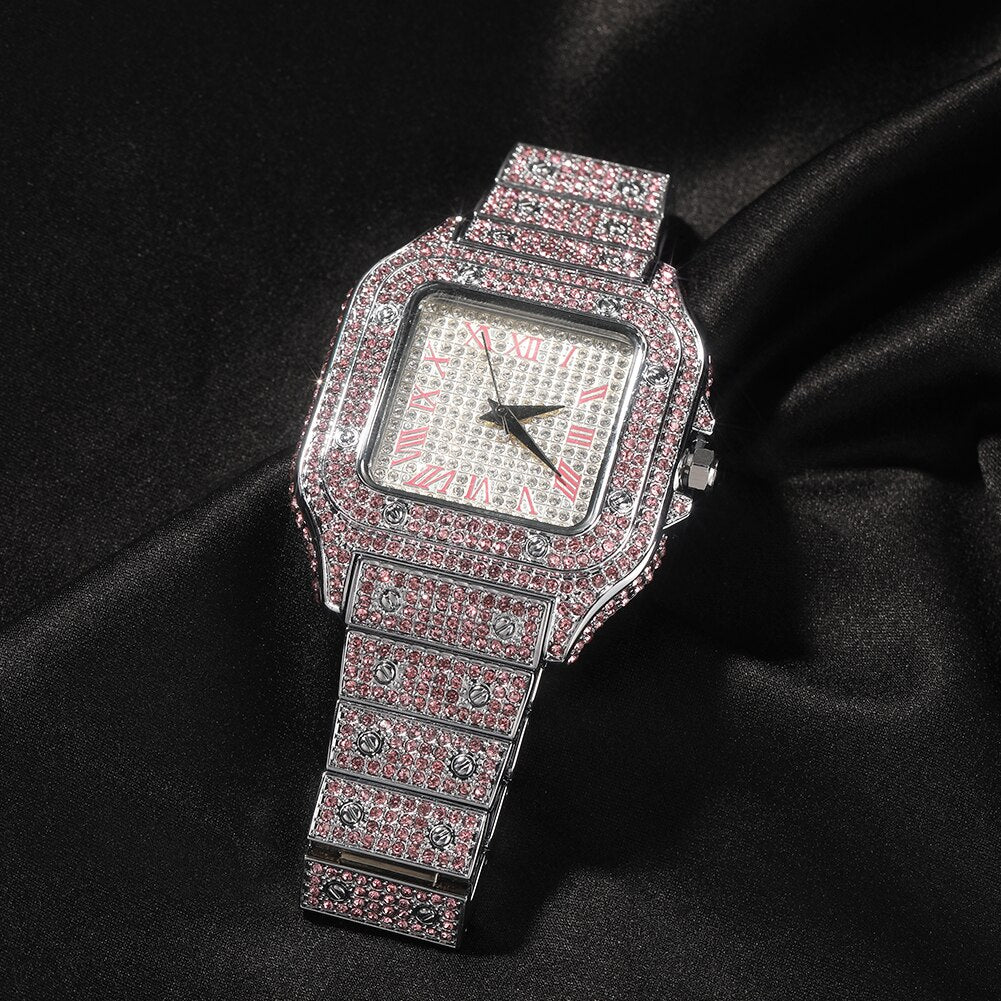 UWIN Men's Fashion Crystal Watch Luxury Diamond Bracelet Watch Big Face Square Full Bling Iced Out Watch for Men Hip Hop Rapper - Bekro's ART