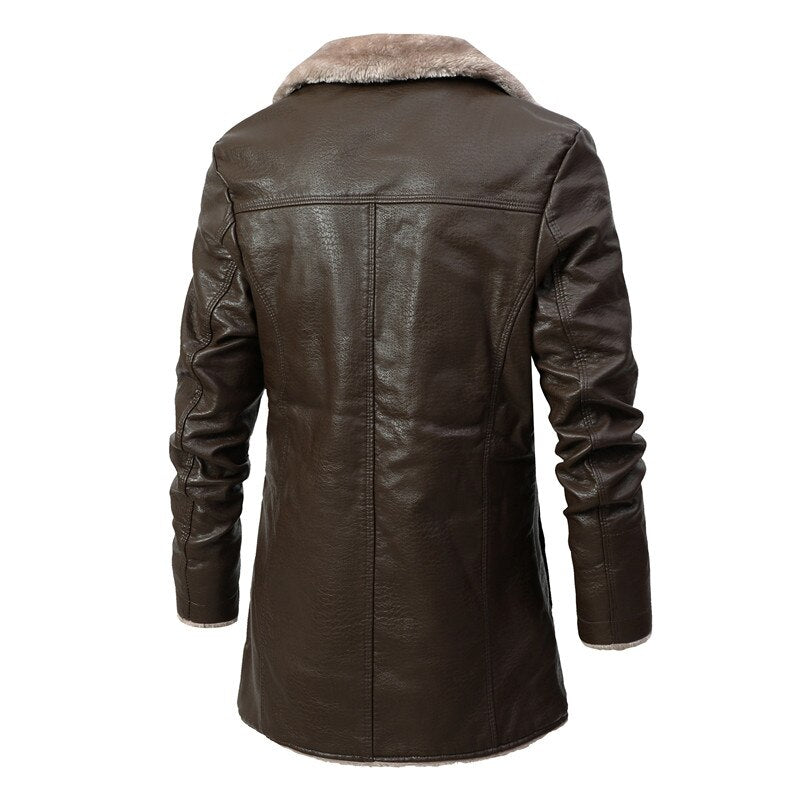 Men Winter Long Thick Fleece PU Leather Jacket Mens Streetwear Casual Business Clothing Porcket Leather Jackets Coat Outwear Men - Bekro's ART