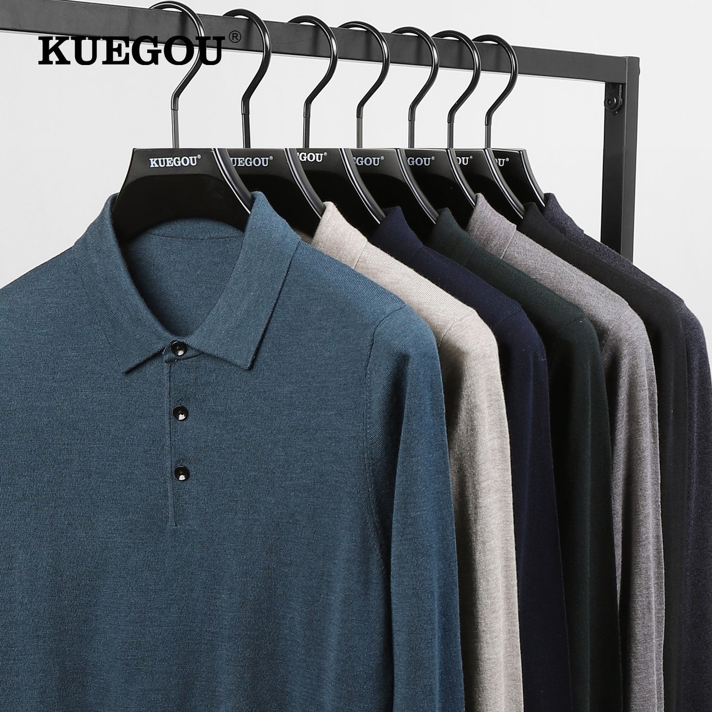 KUEGOU  Autumn Winter New  Men Sweater Polo Shirt Collar Long Sleeves Pullovers Quality Slim Knitted Wool Blend Warm Top 721 - Bekro's ART
