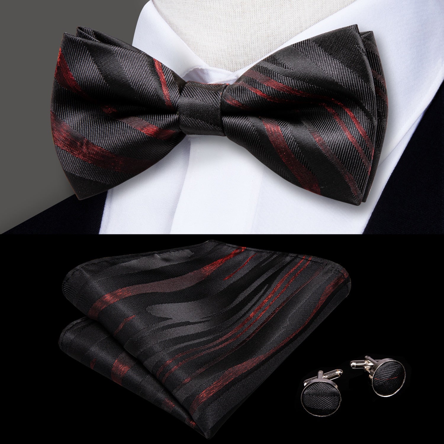 Hi-Tie Classic Black Bow Ties for Men 100% Silk Butterfly Pre-Tied Bow Tie Pocket Square Cufflinks Suit Set Floral Gold Bowties - Bekro's ART