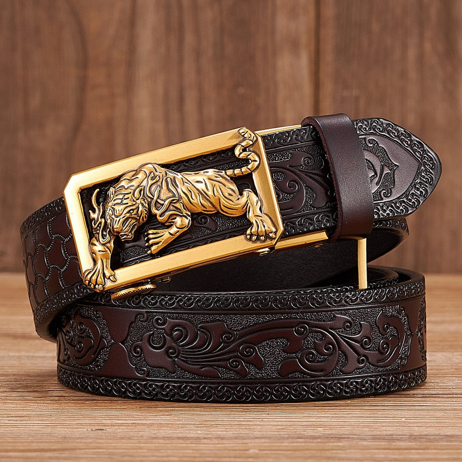 Fashion Tigger Buckle with Tang Grass Pattern Leather Belt for Men Work of Art Belt Automatic Buckle Business Belt - Bekro's ART