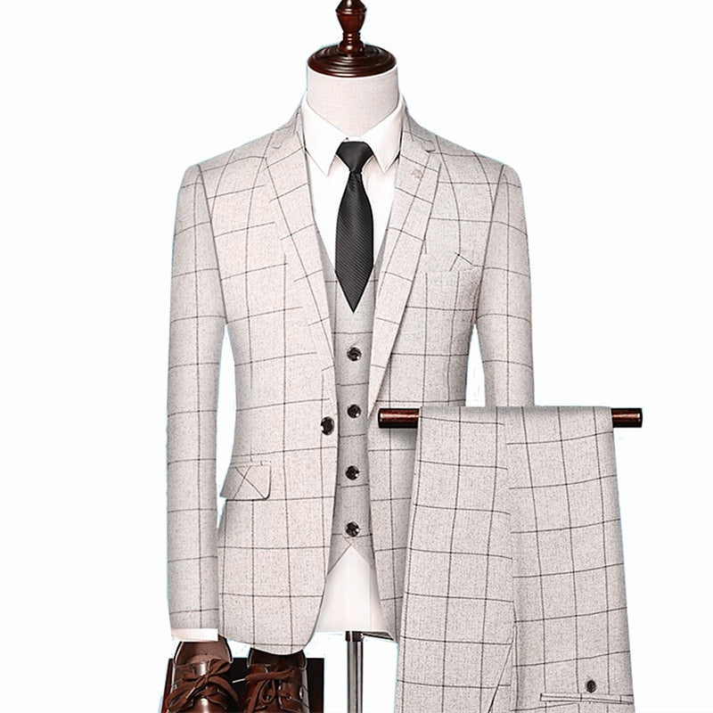 British Style Men Plaid Vest Blazer Pants 3 Pieces Set / Male Fashion High End Slim Wedding Banquet Business Suit Jacket Coat - Bekro's ART