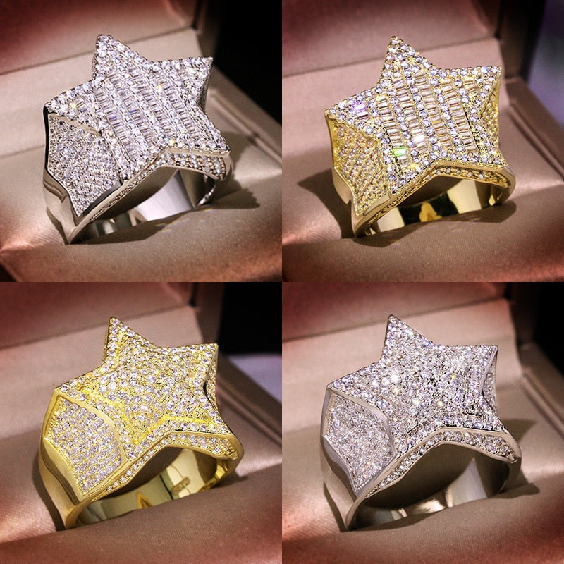 Hip Hop Five Star Rings Men's Gold Silver Color Iced Out Cubic Zirconia Jewelry Ring Gifts Couple Wedding Rings Jewelry - Bekro's ART