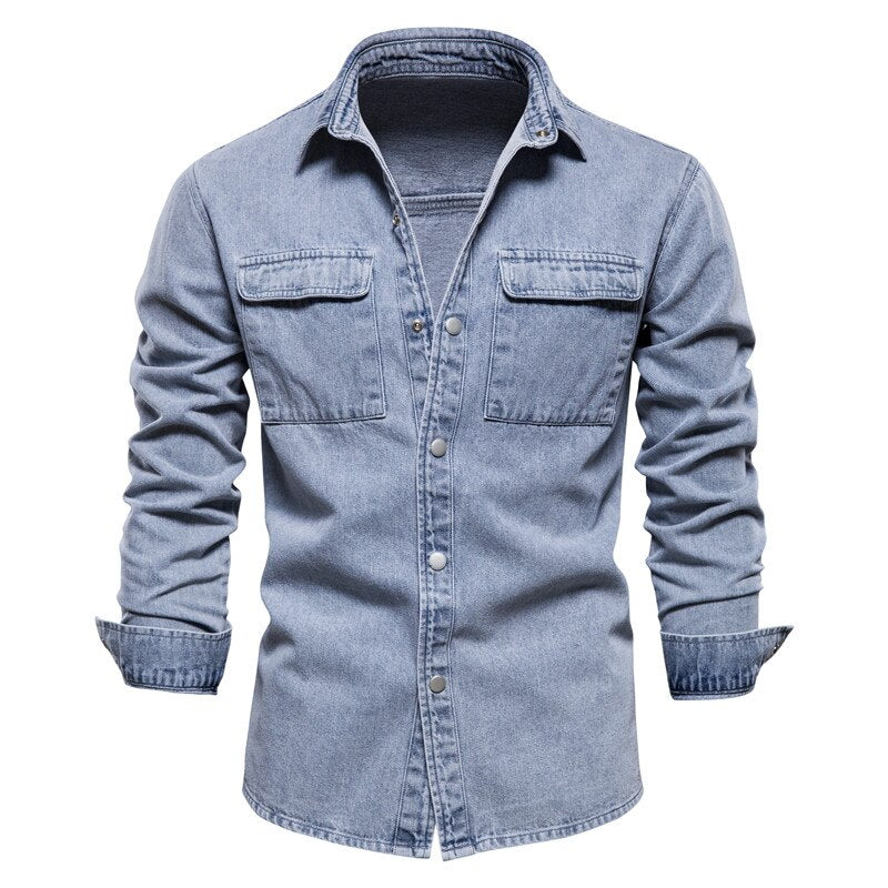 AIOPESON 100% Cotton Denim Shirts Men Casual Solid Color Thick Long Sleeve Shirt for Men Spring High Quality Jeans Male Shirt - Bekro's ART