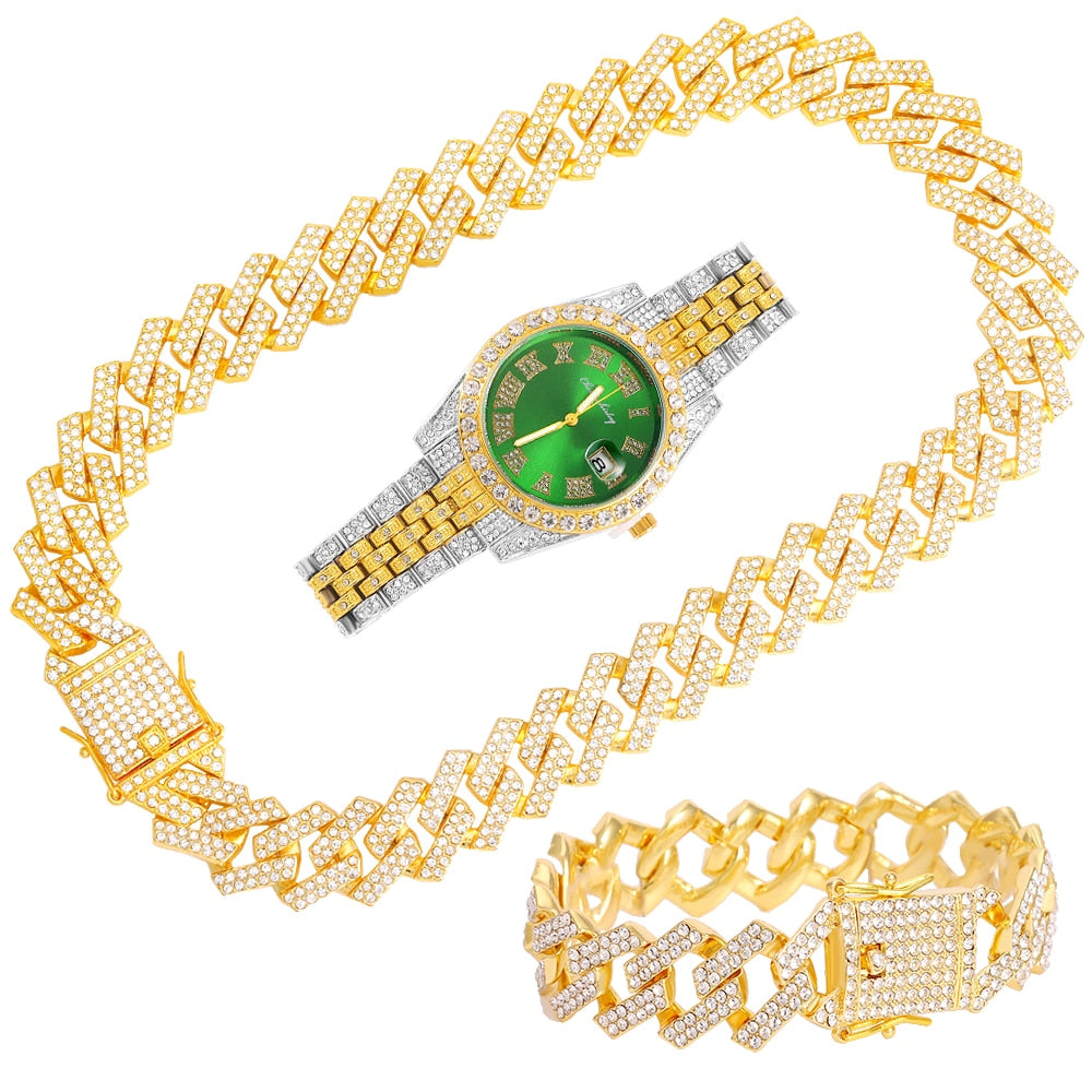New Iced Out Watch Mens Cuban Link Chain Bracelet Necklace Choker Bling Jewelry Men Big Gold Color Chains Hip Hop Punk Watch Set - Bekro's ART