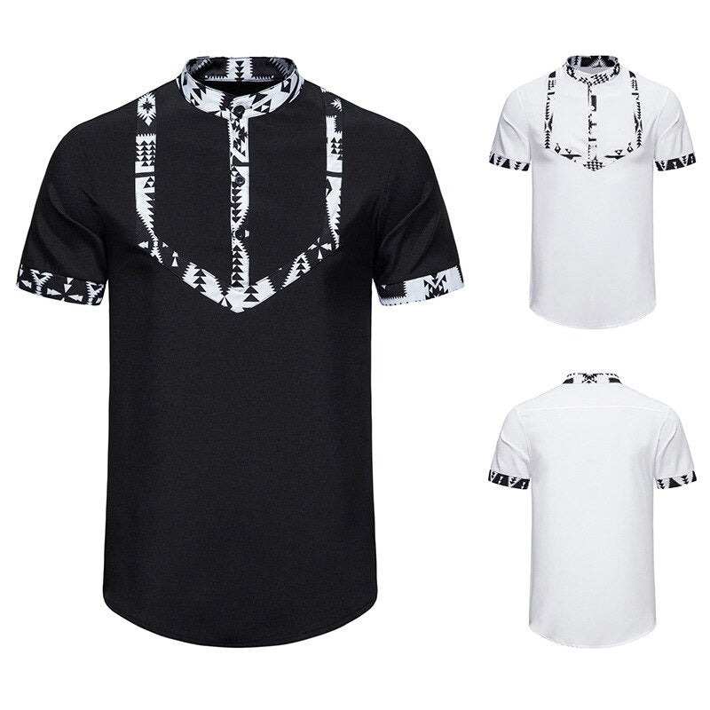 Men's African Style Print Stitching Design Short Sleeve Button Shirt Traditional Shirt - Bekro's ART