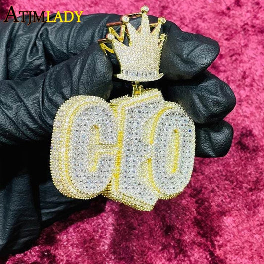 Custom Crown Shaped Bling CEO Letters Iced Out Cubic Zirconia CZ Initial Pendant Necklace Hip Hop Men Boy Punk Jewelry - Bekro's ART