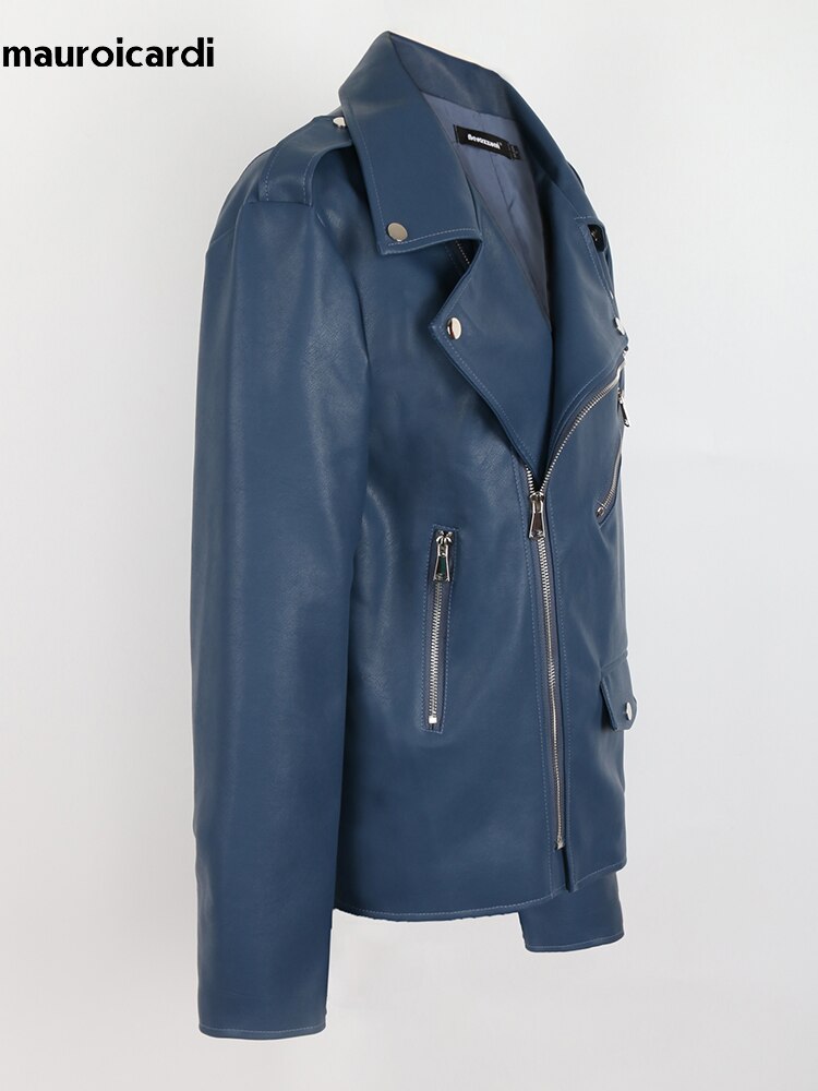 Mauroicardi Spring Autumn Cool Short Blue Soft Faux Leather Biker Jacket Men Long Sleeve Zipper Clothes - Bekro's ART