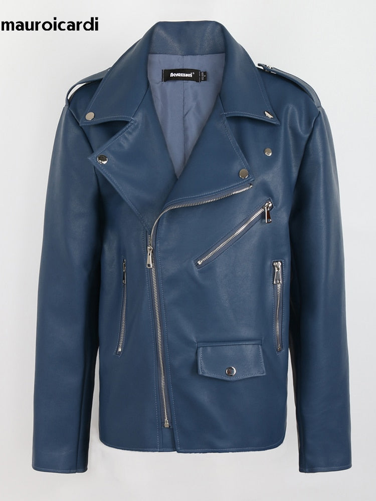 Mauroicardi Spring Autumn Cool Short Blue Soft Faux Leather Biker Jacket Men Long Sleeve Zipper Clothes - Bekro's ART