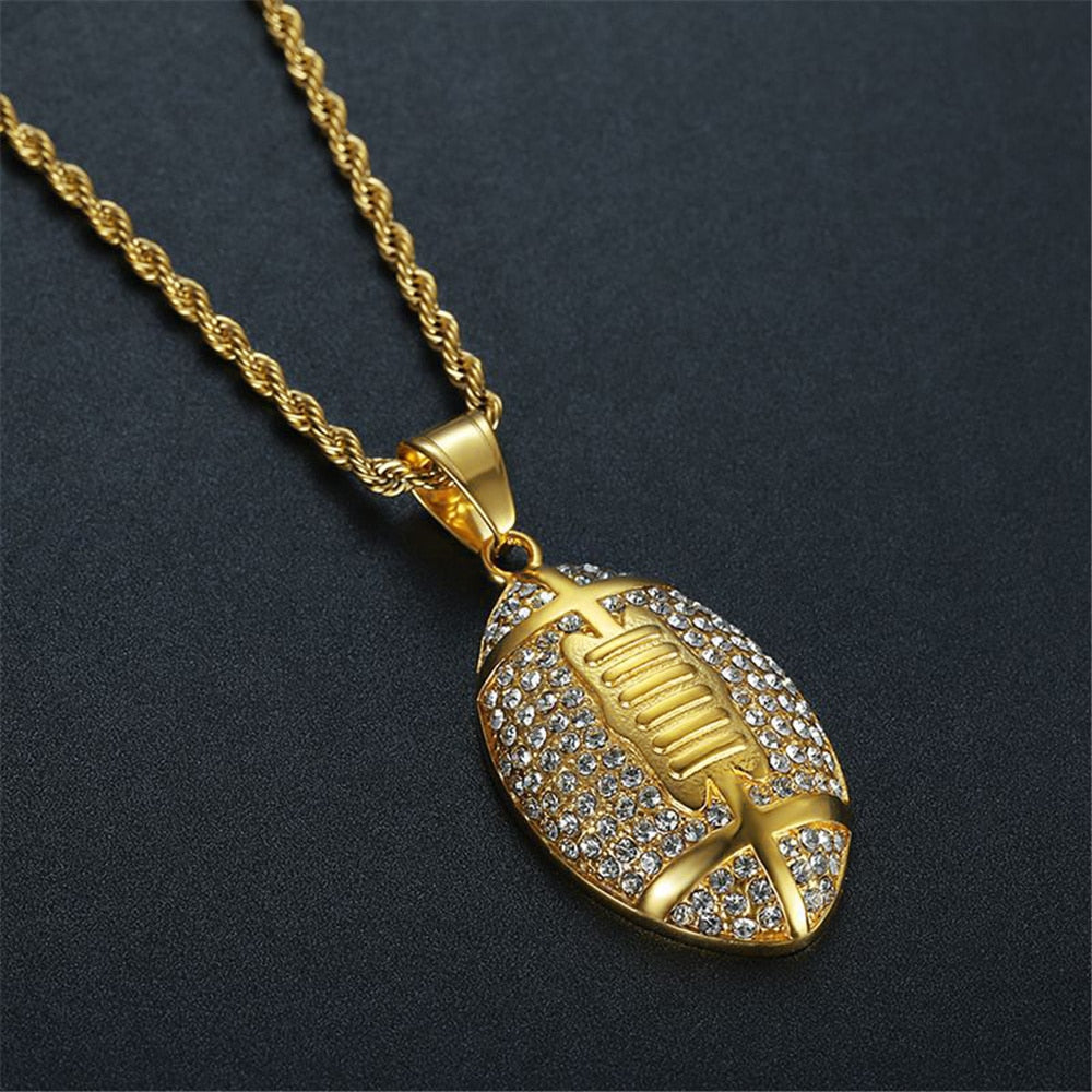 Football Pendant &amp; Chain Gold Color Iced Out Bling Necklace for Men Hip Hop Jewelry - Bekro's ART