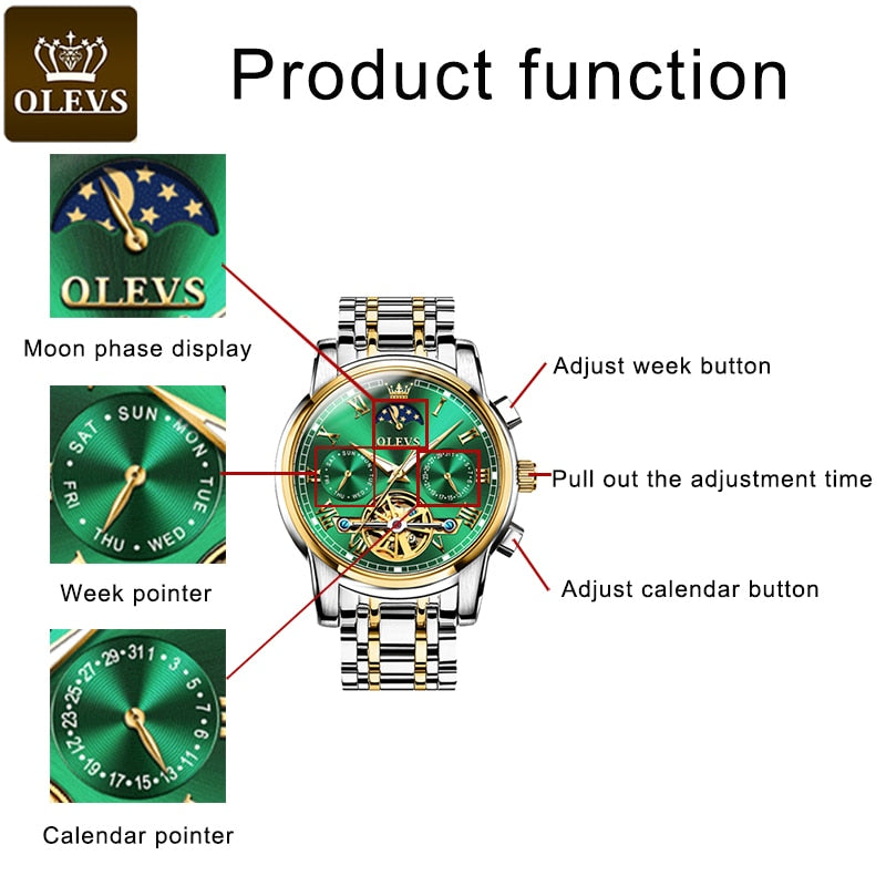 OLEVS Watch For Men Luxury Automatic Skeleton Mechanical Men Watches Waterproof Moon Phase Wristwatch  Men Watch - Bekro's ART