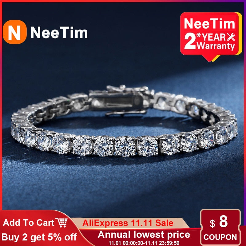 NeeTim 4mm Moissanite Tennis Bracelets 925 Sterling Silver D VVS1 Lab Diamond with GRA Certificate Bracelet for Men Women - Bekro's ART