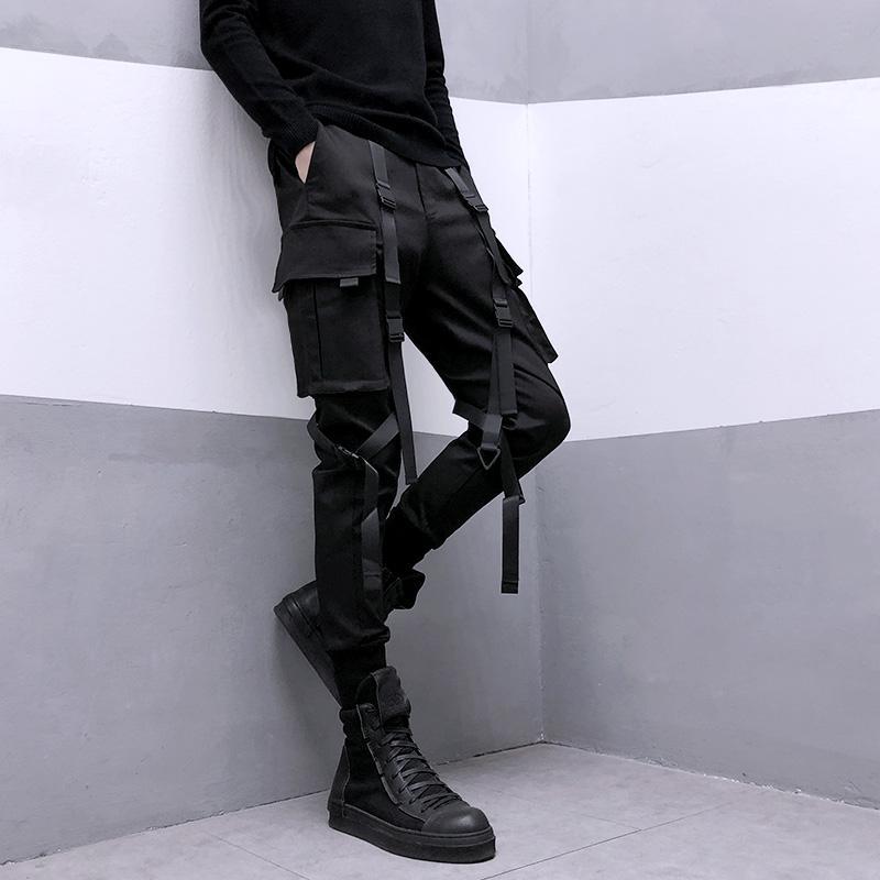 HOUZHOU Techwear Black Cargo Pants for Men Cargo Trousers Male Japanese Streetwear Hip Hop Spring Ribbon Pocket Harajuku Fashion - Bekro's ART
