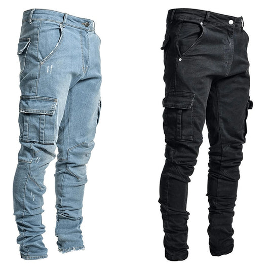 Jeans Men Pants Casual Cotton Denim Trousers Multi Pocket Cargo Jeans Men New Fashion Denim Pencil Pants Side Pockets Cargo - Bekro's ART