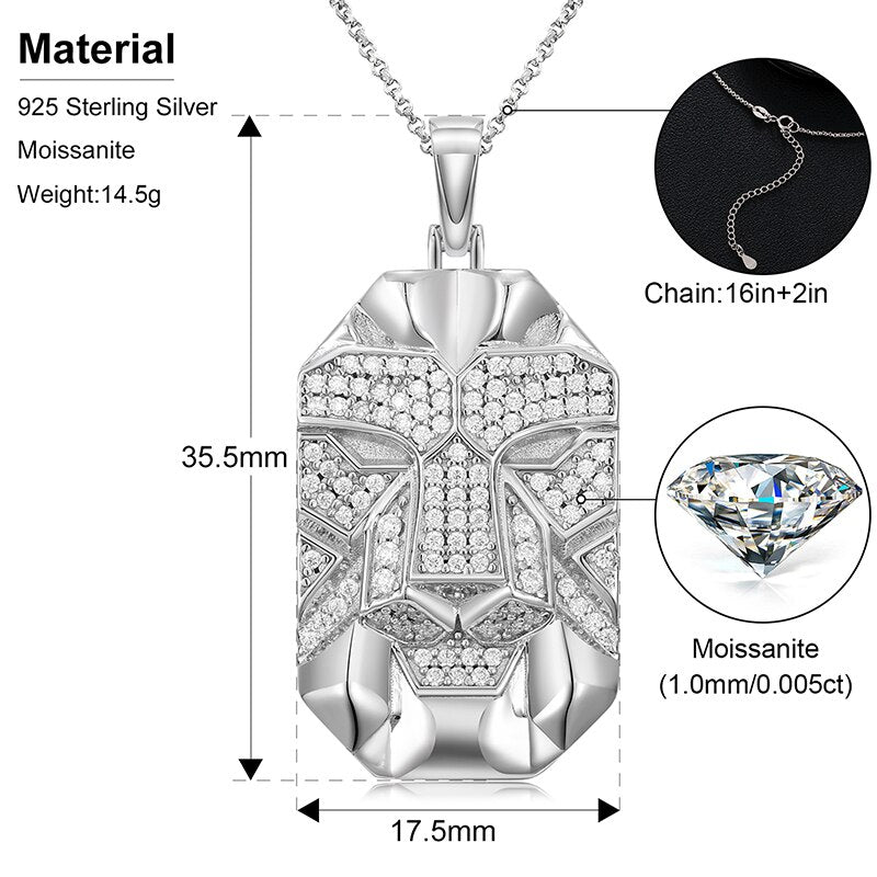 D VVS Moissanite Lion Face Tag Pendant 925 Sterling Silver Necklaces For Men Hip Hop Animal Charm Jewelry - Bekro's ART
