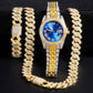 Hip Hop Men Iced Out Bling Cuban Link Necklaces With Watch Bracelet Suit Miami Curb Cuban Chain Full Rhinestones Rapper Jewelry - Bekro's ART