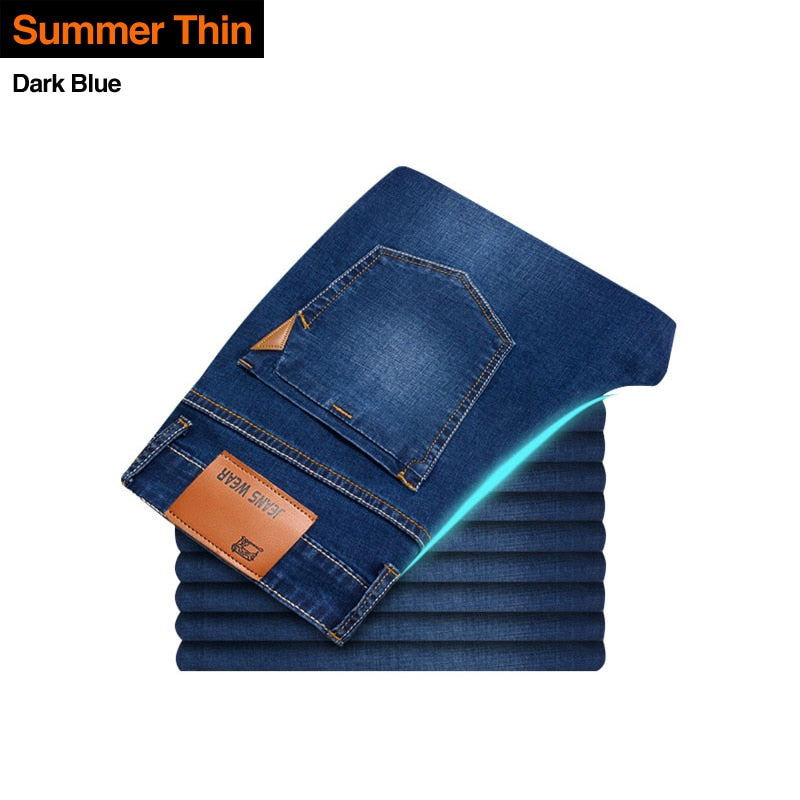 Brother Wang Classic Style Men Brand Jeans Business Casual Stretch Slim Denim Pants Light Blue Black Trousers Male - Bekro's ART