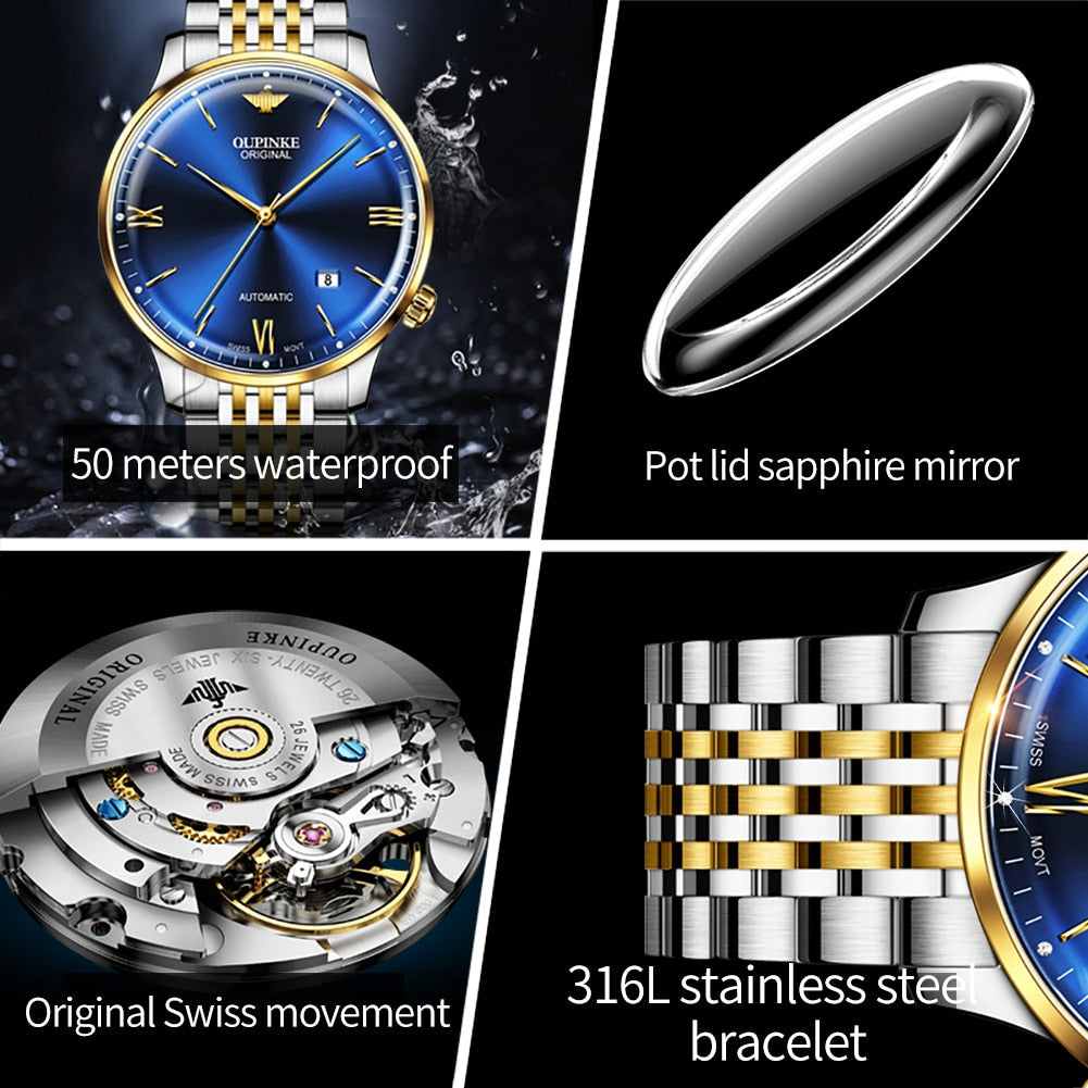 OUPINKE Ultra Thin Mechanical Watches for Men Original Swiss Movement Luxury Sapphire Crystal Mirror Man Waterproof Wristwatch - Bekro's ART