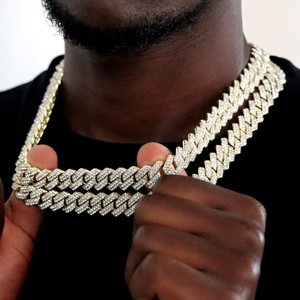 Hip Hop 14MM Prong Cuban Link Chain Necklace &amp; Bracelet Iced Out Bling Cuban Chain Rhinestone Chains For Men Punk Rapper Jewelry - Bekro's ART