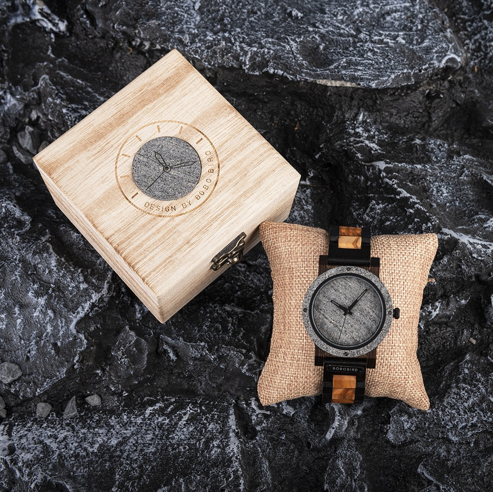 BOBOBIRD High Quality Rock Watches Natural Stone Watch Men Wooden Strap Top Japanese Quartz Movement Handmade Wristwatch For Man - Bekro's ART